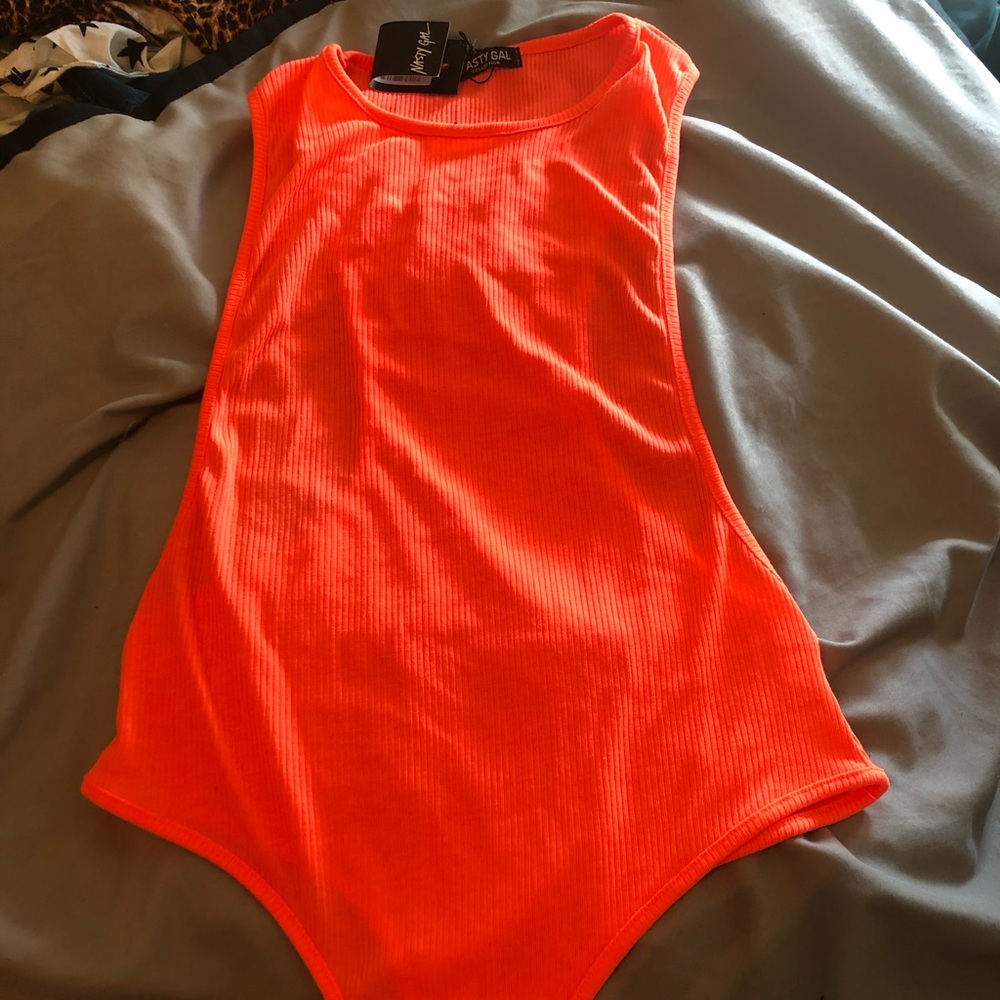 Nasty Gal Neon Coral Low/Open Side Body Suit
